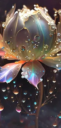 This stunning phone live wallpaper features a digitally created image of a flower, captured up close and adorned with mesmerizing water droplets