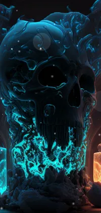 This spooky live wallpaper features a polycount contest winning design of a skull on top of rocks