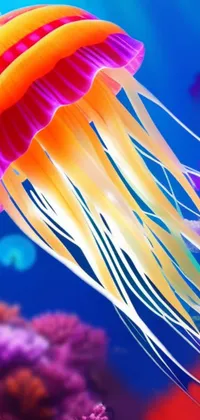 This stunning live wallpaper features a beautiful group of colorful jellyfish swimming in the ocean with a sea anemone in the background