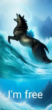 Experience the thrilling artwork of a horse galloping on top of a massive wave in the ocean with this mesmerizing live wallpaper for your phone