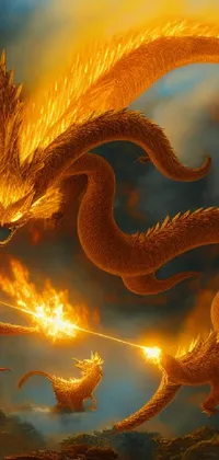 This mobile wallpaper showcases a fierce dragon spitting fire amidst a battle between Chinese dragons
