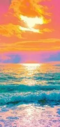 This live wallpaper features a magnificent painting of a sunset over the ocean, filled with psychedelic art that highlights perfectly calm waters