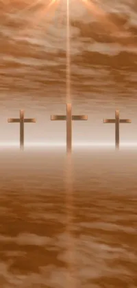 Get lost in the beauty of this precisionist-style, digital live wallpaper showcasing three crosses standing in water