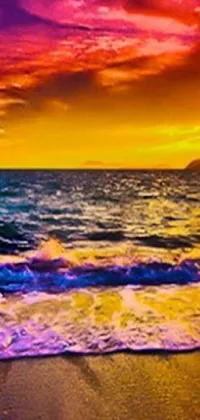 The phone live wallpaper showcases a stunning sunset over the ocean on a popular beach