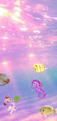 This phone live wallpaper depicts a group of colorful fish floating on the surface of a serene body of water