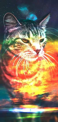 This captivating phone live wallpaper boasts a colorful digital art creation of a curious cat standing in water against a surreal nebula sunset