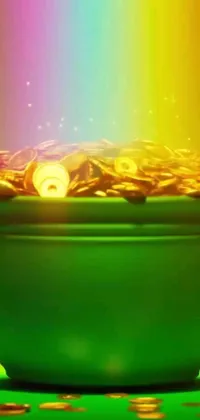 This live wallpaper for your phone features a vibrant green bowl filled with gold coins that sparkle and move about