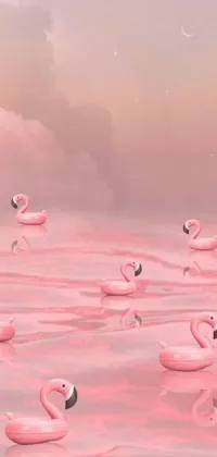The phone live wallpaper features a vibrant scene of flamingos floating on a body of water amidst a pink slime background