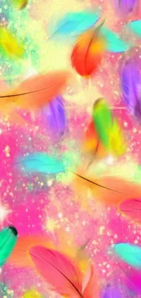 This live phone wallpaper showcases a bunch of multicolored feathers in a whimsical style inspired by abstract art