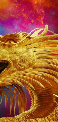 This vivid phone live wallpaper showcases a gorgeous golden dragon statue