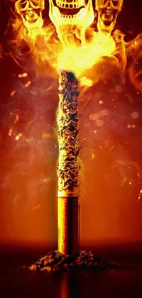 This stunning live phone wallpaper features a fiery texture background with a skull resting on a burning cigarette
