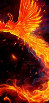 This dynamic live phone wallpaper showcases an incredible digital artwork of a majestic fire bird - a phoenix - soaring high, with fire-red and gold feathers, shimmering in the light