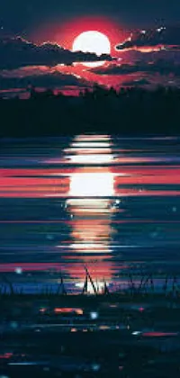 This stunning live wallpaper depicts a digital painting of a sunset over water