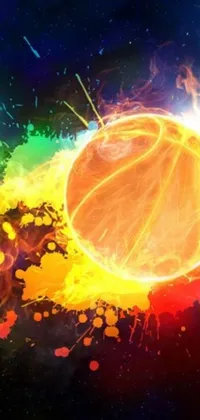 This lively phone live wallpaper features a vibrant basketball ball in the center, surrounded by colorful paint splatters in an array of hues