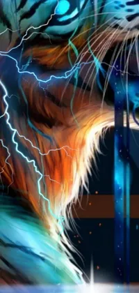 This phone live wallpaper boasts an electrifying design of a tiger with lightning emitting from its mouth against a blue and orange background