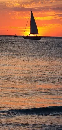 This phone live wallpaper captures a stunning sailboat sailing in the ocean against a beautiful sunset backdrop
