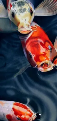 This phone live wallpaper features a lifelike depiction of colorful koi fish swimming in a beautiful pond