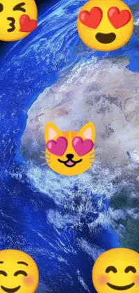 Looking for a dynamic and fun phone live wallpaper? Check out this exciting design featuring cute and colorful smiley faces floating in front of a stunning image of the earth