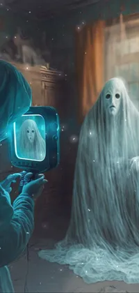 Get in the Halloween spirit with this hyper-realistic phone live wallpaper! A ghostly hologram appears on an old TV in a spooky, dimly-lit house