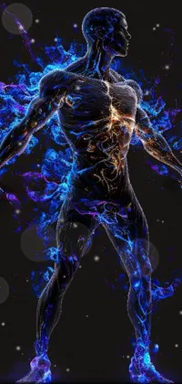 This stunning phone live wallpaper showcases a cyborg with fractal veins standing against a black background