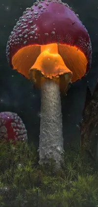 This phone live wallpaper showcases an exquisite macro photograph of mushrooms on a green field at night
