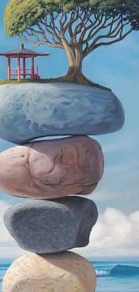 This live phone wallpaper showcases a stunning painting of a tree atop a pile of rocks in a surrealistic style