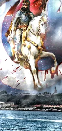 This phone wallpaper depicts a man riding a white horse against a backdrop of a full moon and a floating palace