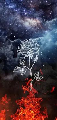 This stunning live wallpaper portrays a fiery rose set against a magnificent galaxy-filled background