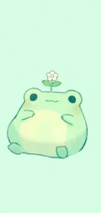This delightful phone live wallpaper features a cuddly frog with a flower on its head against a pastel green background