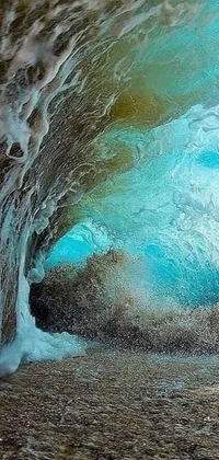 This phone live wallpaper showcases a man surfing on top of a gigantic wave inside a cave