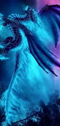 This phone live wallpaper features a majestic dragon in shades of blue and purple, gliding through the air