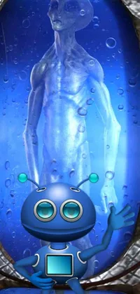 This phone live wallpaper features a stunning blue alien standing in front of a holographic display, showcasing mesmerizing visuals of a man, orbs, and floating shapes