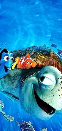 Swim with your favorite animated fish in this fun-filled wallpaper for your phone! This live backdrop features Finding Dory and Nemo swimming in colorful ocean waters alongside playful, anthropomorphic turtles