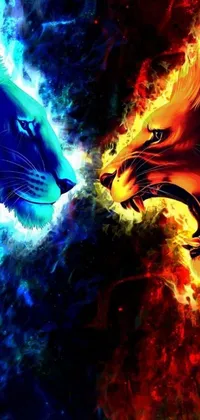 Get ready for a stunning phone live wallpaper displaying two majestic lions standing next to each other against a vibrant background of fiery orange and icy blue colors