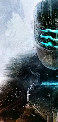 Enhance your phone's screen with a captivating close-up wallpaper of an armored individual wearing a futuristic space helmet and holding a gun against a cold, snowy landscape