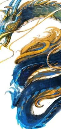 This live phone wallpaper showcases a painting of a majestic dragon in shades of blue and gold on a white background