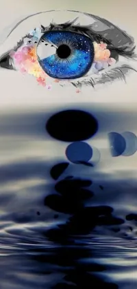This live phone wallpaper boasts an impressive digital art display of a floating blue eye on top of water