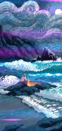 This live wallpaper features a scenic painting of a surfer riding waves on a surfboard in the ocean