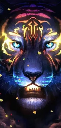 This phone live wallpaper showcases an exquisite, close-up image of a tiger's face on a dark background, with intricate details and realistic textures