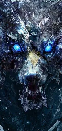 This live wallpaper features a close-up of a powerful wolf with piercing blue eyes