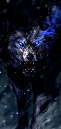 This phone live wallpaper features a breathtaking digital art piece of a wolf with piercing blue eyes running through the snow