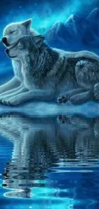 This phone live wallpaper features a majestic wolf sitting on a serene body of water in stunning blues and grays