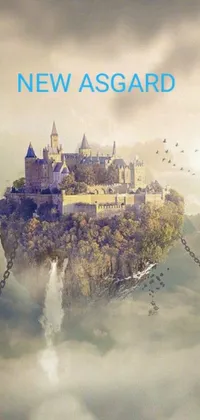 This phone live wallpaper depicts a majestic castle atop an otherworldly cliff, hovering in a surreal sky