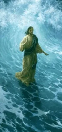 This phone live wallpaper features a mystical painting of a figure standing in the midst of the vast ocean with arms outstretched and head submerged