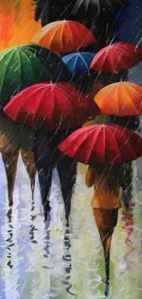 This live wallpaper features a colorful acrylic painting of individuals using umbrellas to walk in the rain