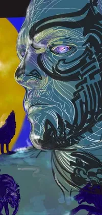 This phone live wallpaper showcases a stunning digital painting of a man and wolf in front of a full moon