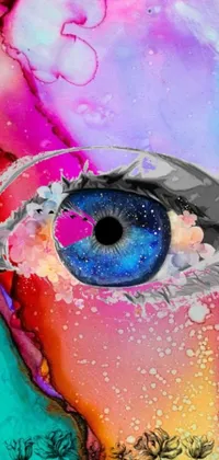 This stunning phone live wallpaper features a close up of a painted eye in a psychedelic digital art style