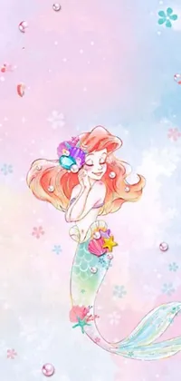 This phone live wallpaper showcases a charming illustration of a mermaid with a flower in her hair