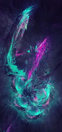 This energetic phone live wallpaper features a striking combination of purple and green tones swirling against a sleek black background
