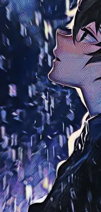 This phone live wallpaper showcases a stunning digital art image of a person standing in the rain in a manga-style cover inspired by Tumblr